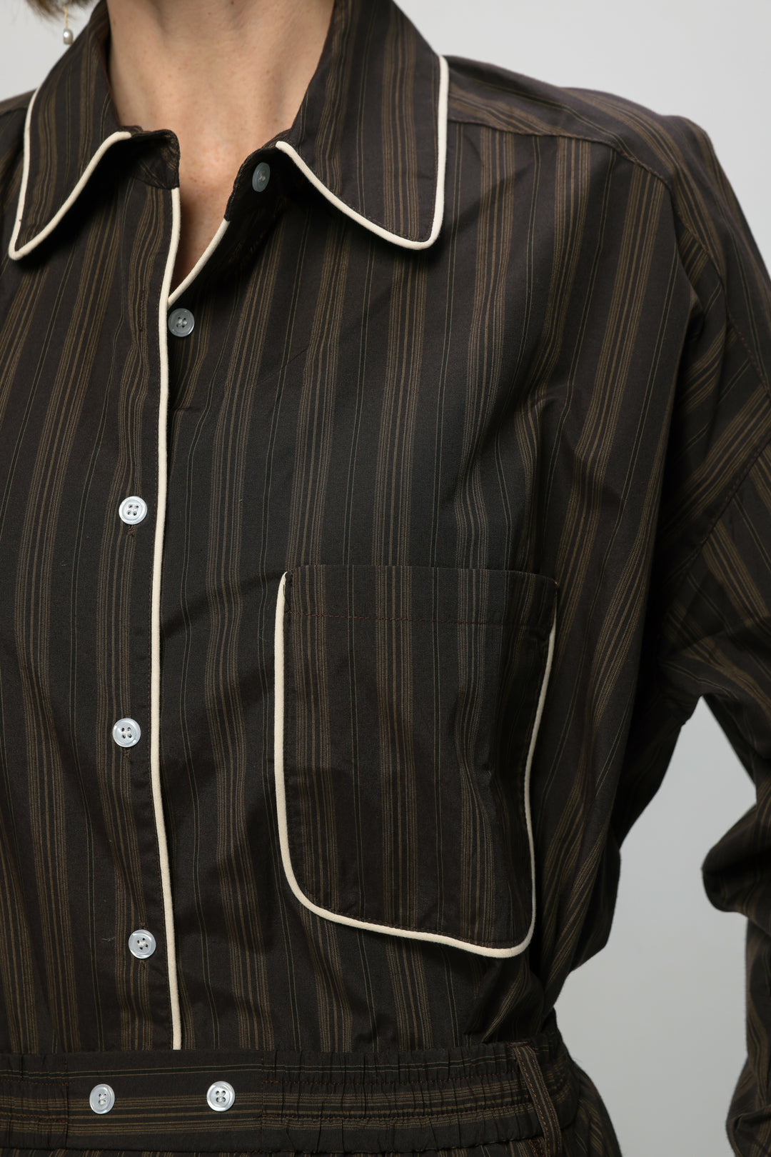 Piped Brown Striped Shirt