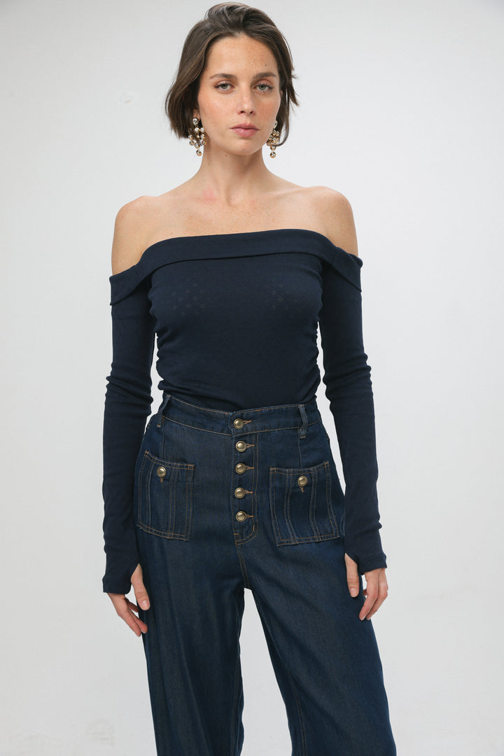 Revival Navy Off Shoulder Top