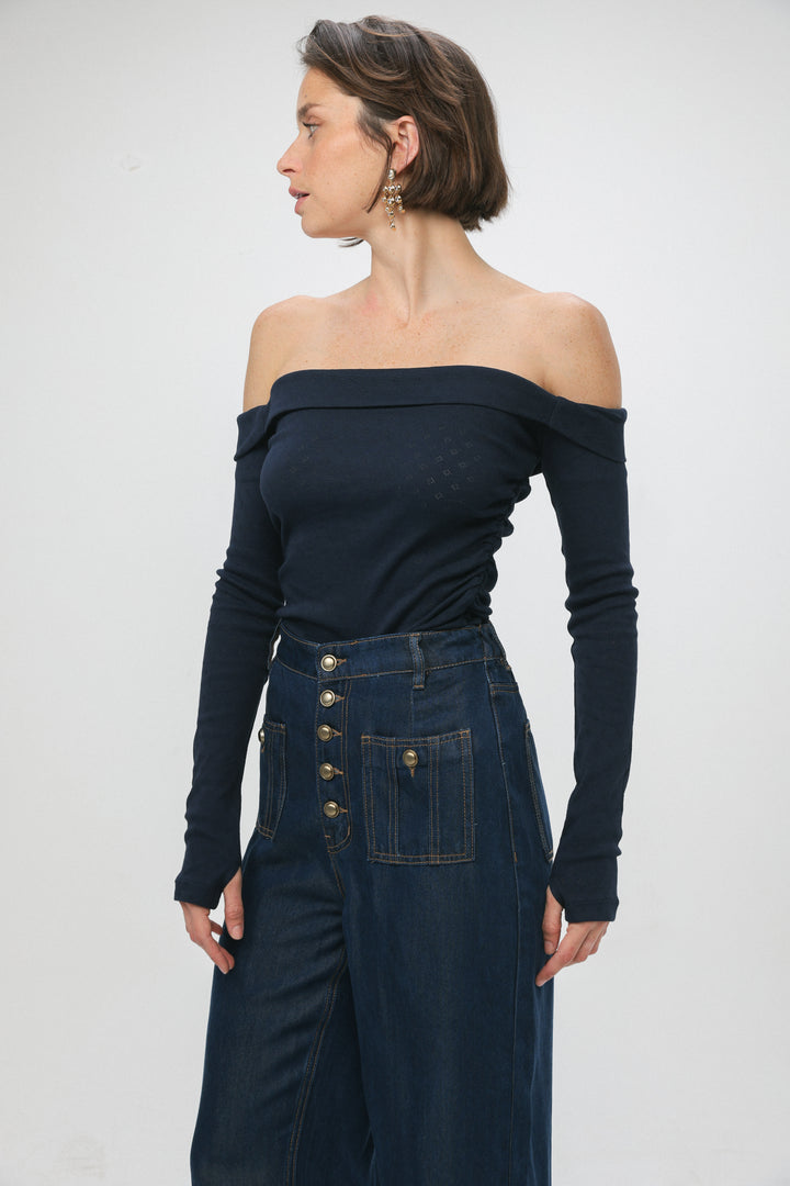 Revival Navy Off Shoulder Top