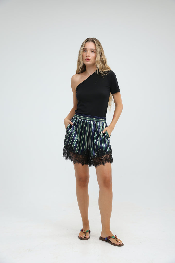 Striped Green Satin Lace Shorts