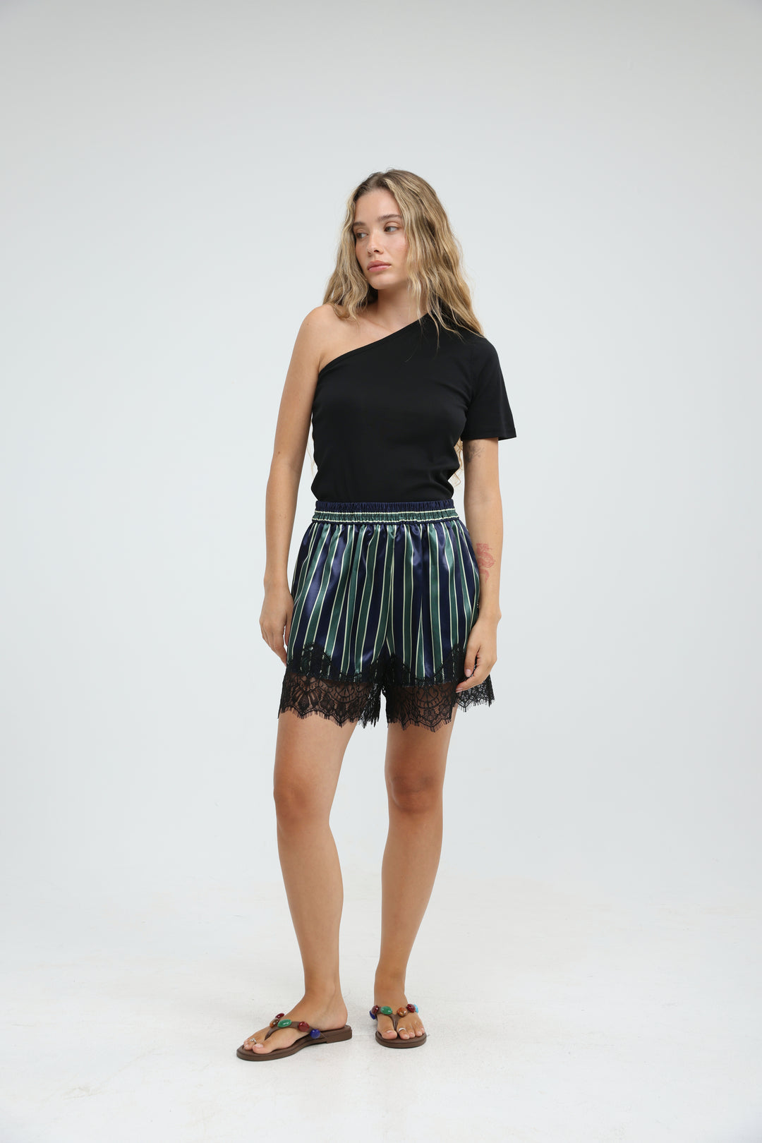 Striped Green Satin Lace Shorts