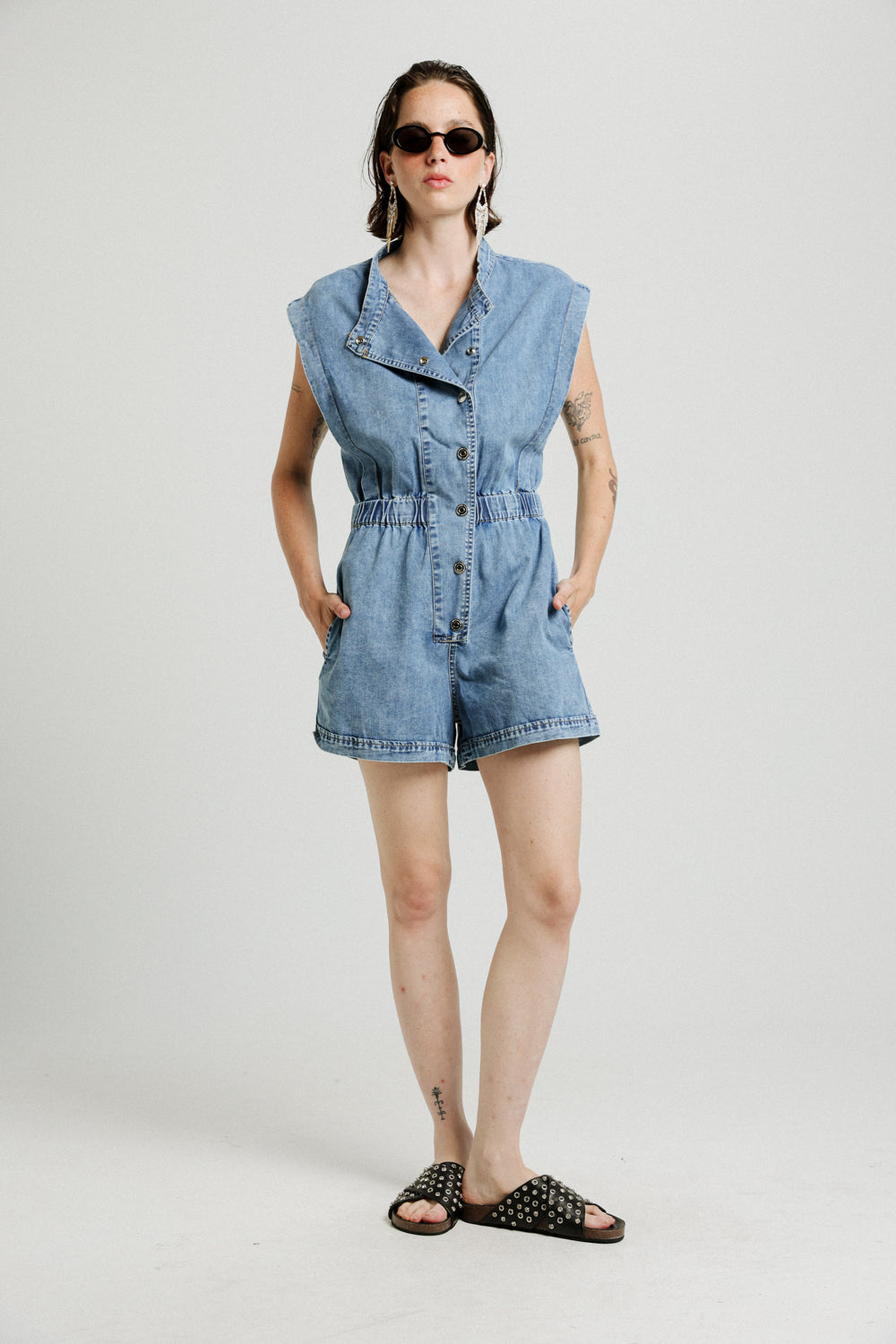 Short Sleeveless Blue Denim Jumpsuit