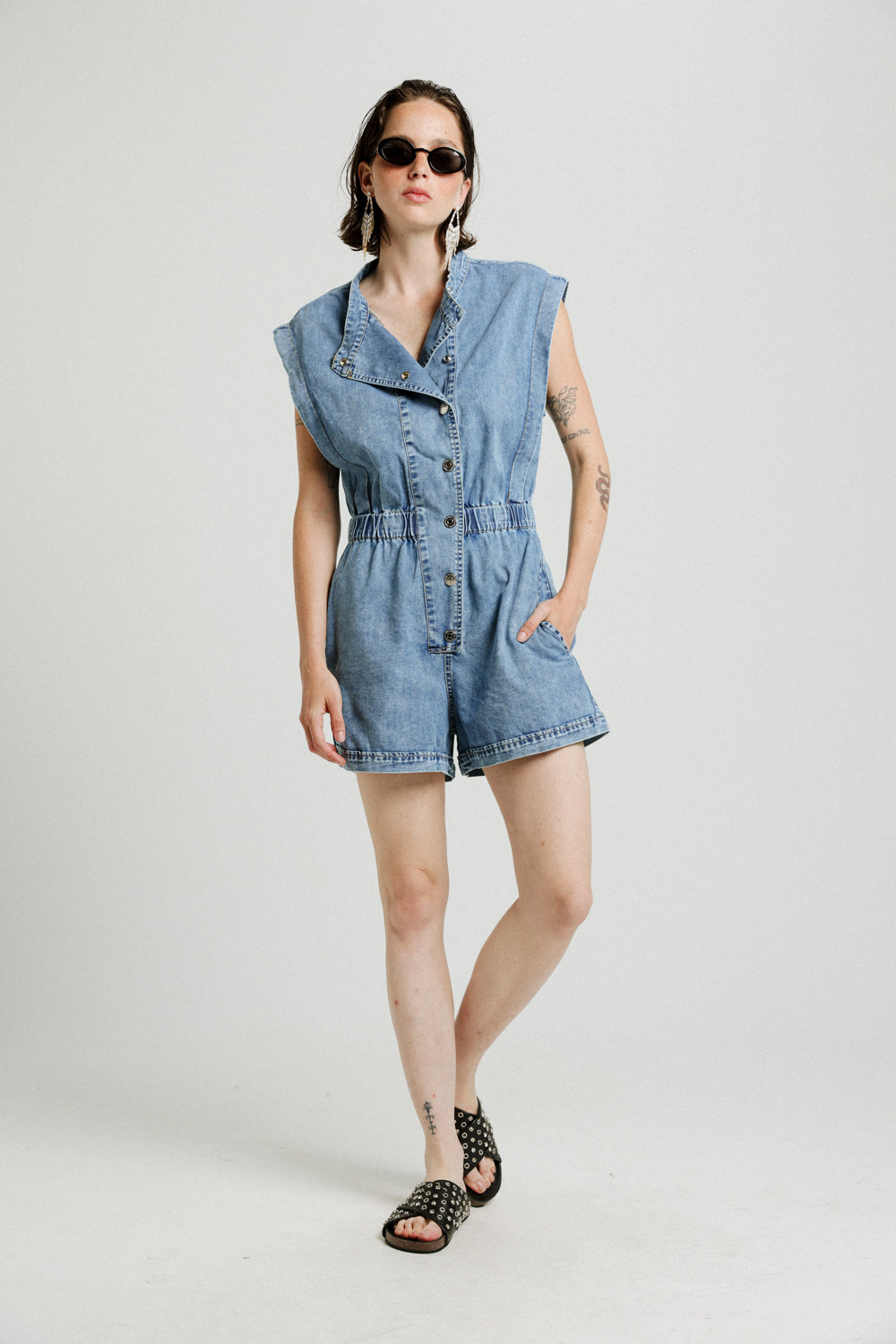 Short Sleeveless Blue Denim Jumpsuit