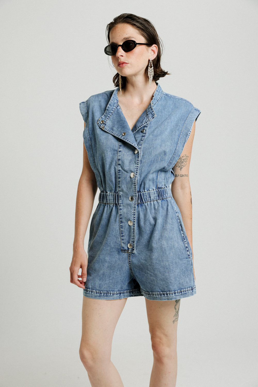 Short Sleeveless Blue Denim Jumpsuit