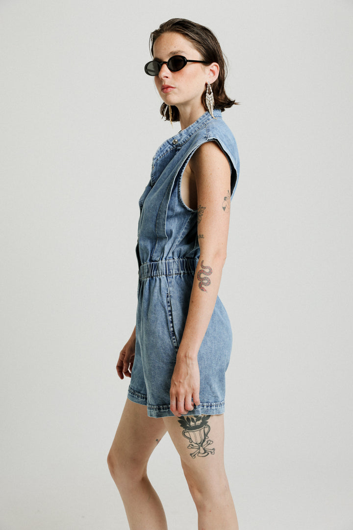 Short Sleeveless Blue Denim Jumpsuit