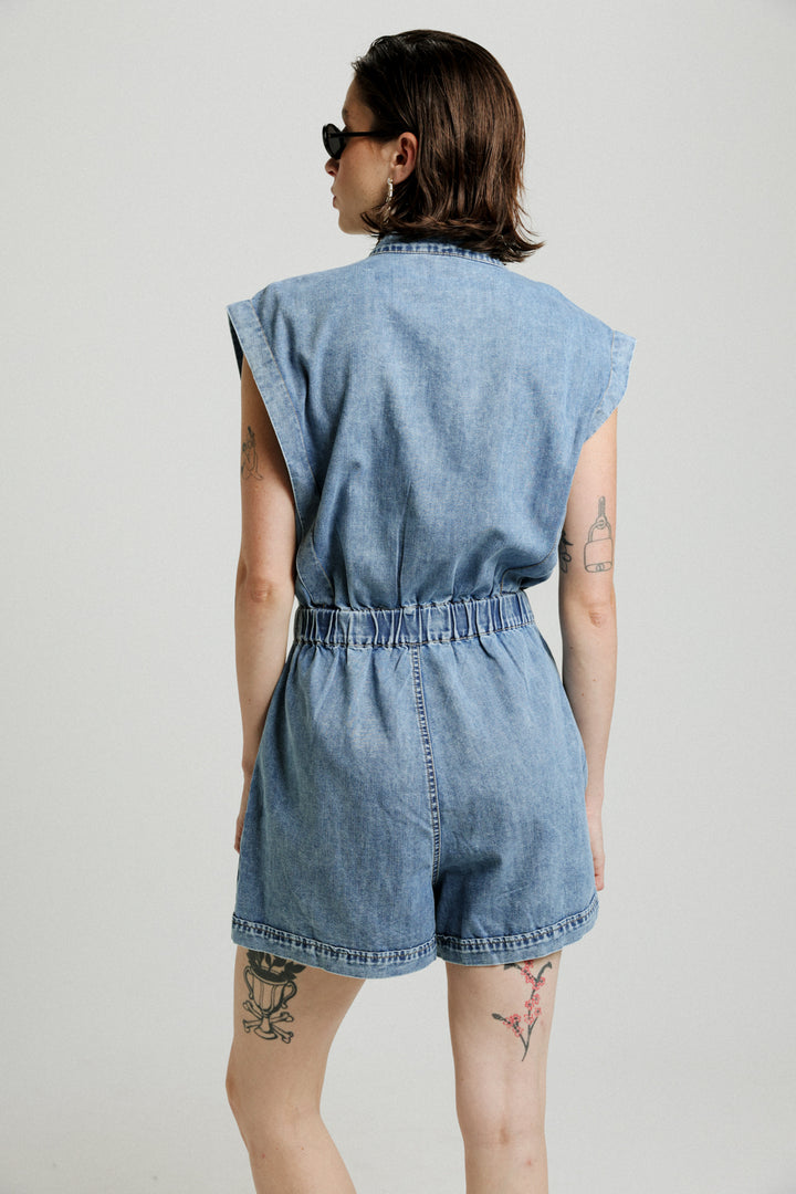 Short Sleeveless Blue Denim Jumpsuit