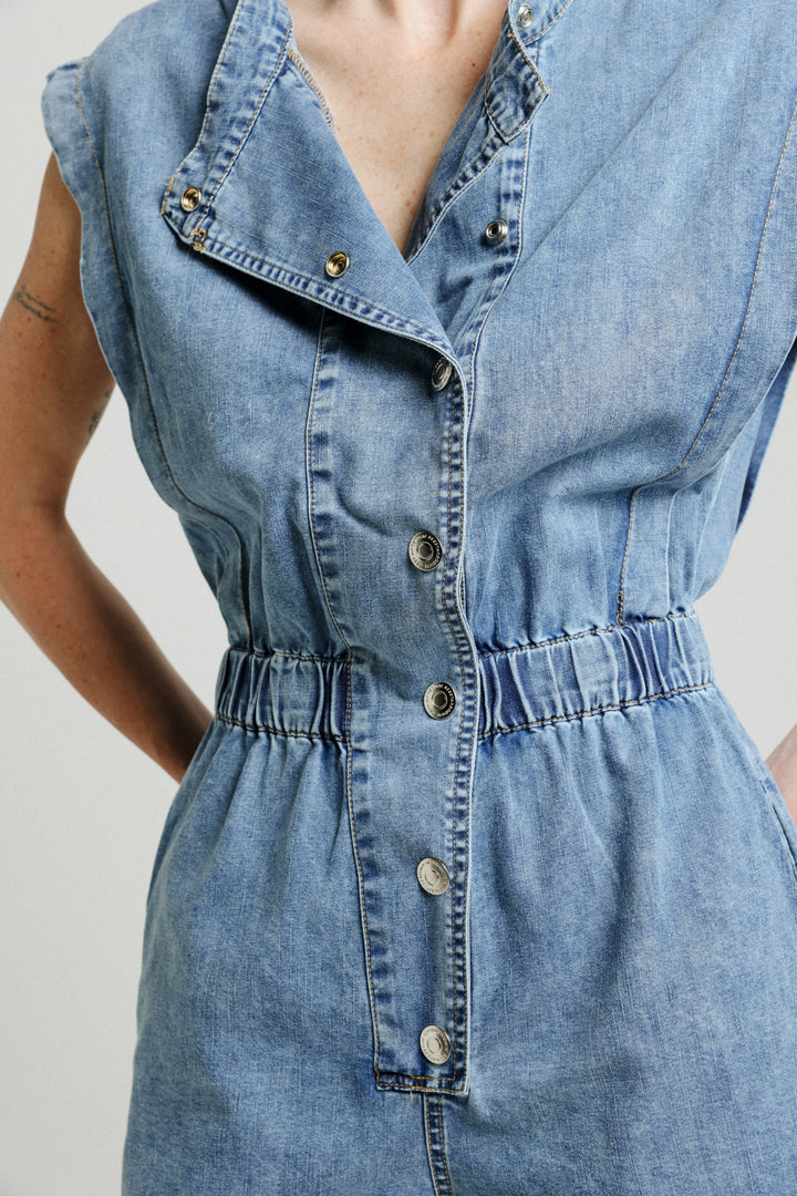 Short Sleeveless Blue Denim Jumpsuit