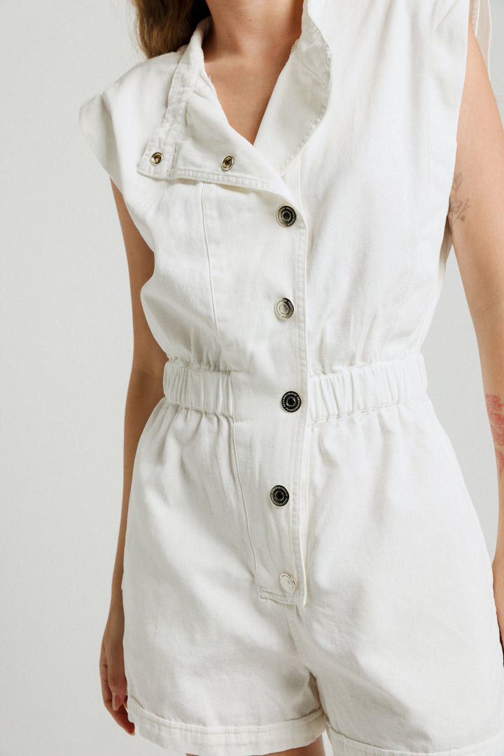 Short Sleeveless White Denim Jumpsuit