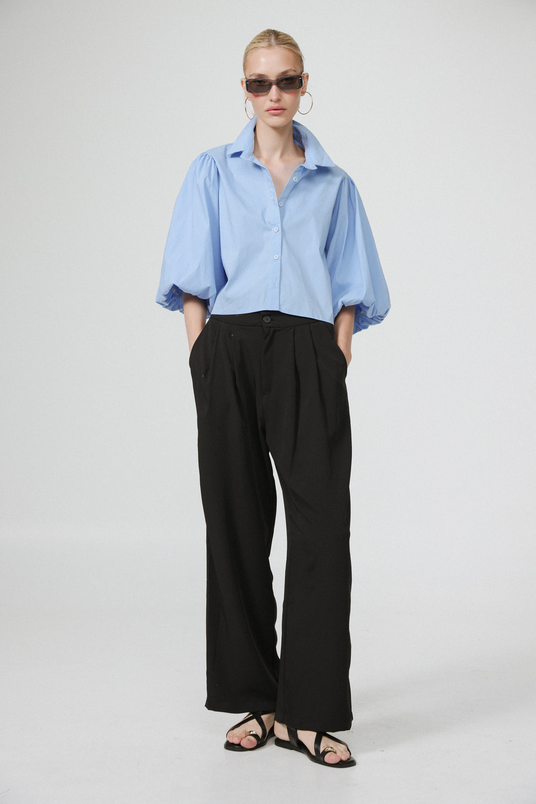 light blue dress shirt and black pants A.L.C. Mason Relaxed Cotton Shirt in French Blue, Size 2