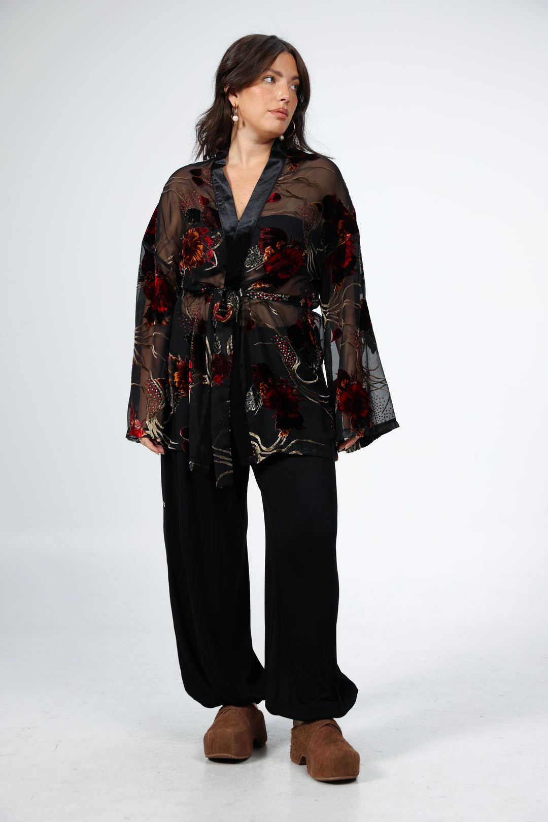 Brown Floral Velvet Kimono