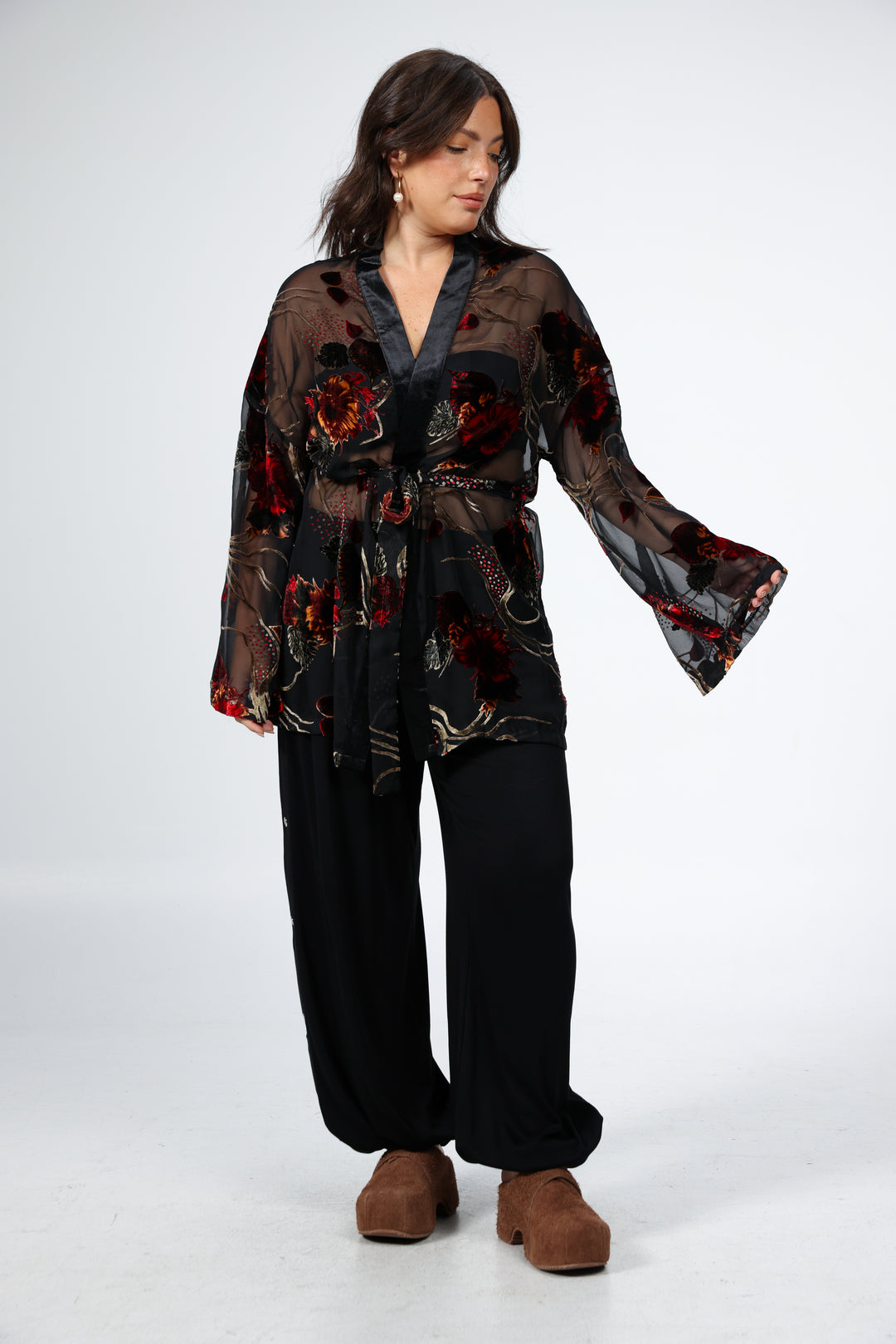 Brown Floral Velvet Kimono