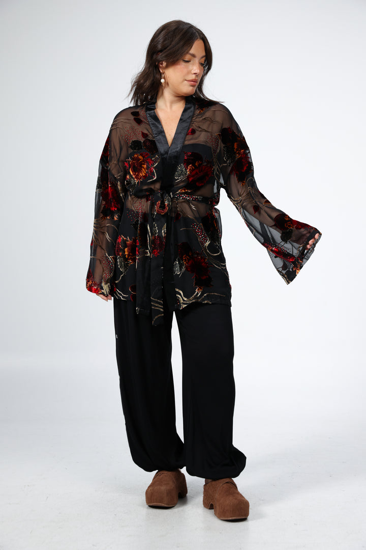 Brown Floral Velvet Kimono