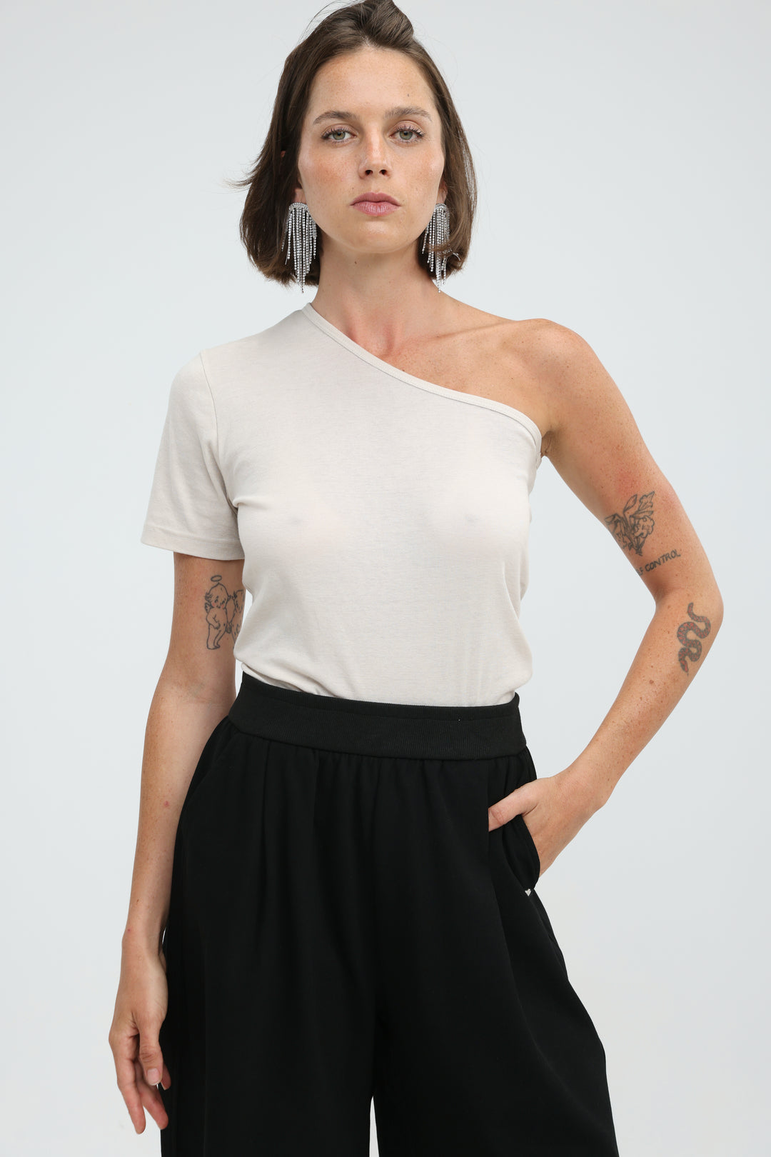 Attached Beige One Shoulder T-Shirt