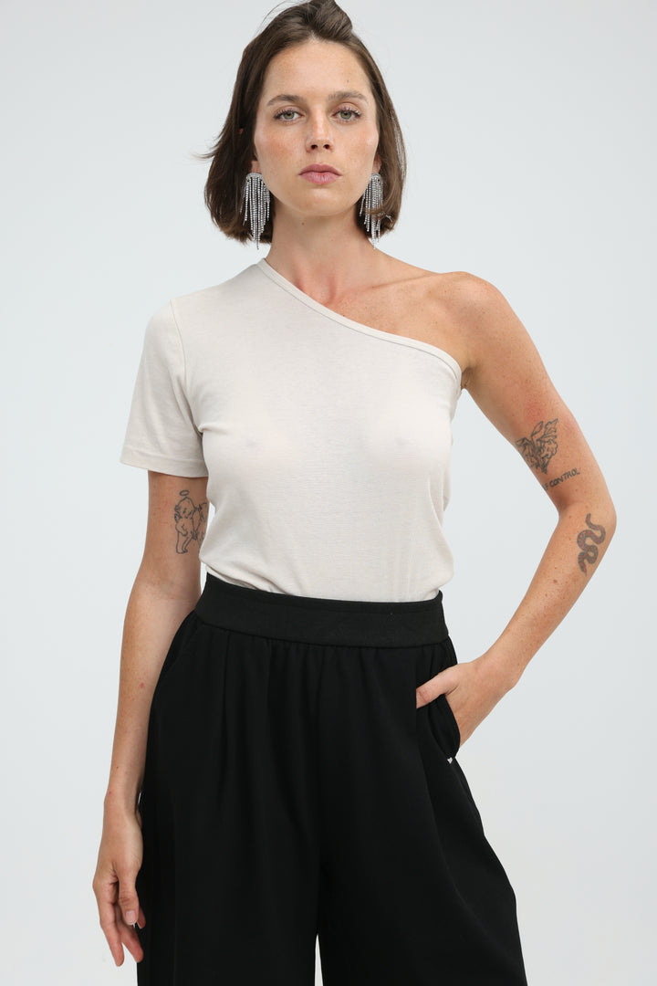 Attached Beige One Shoulder T-Shirt