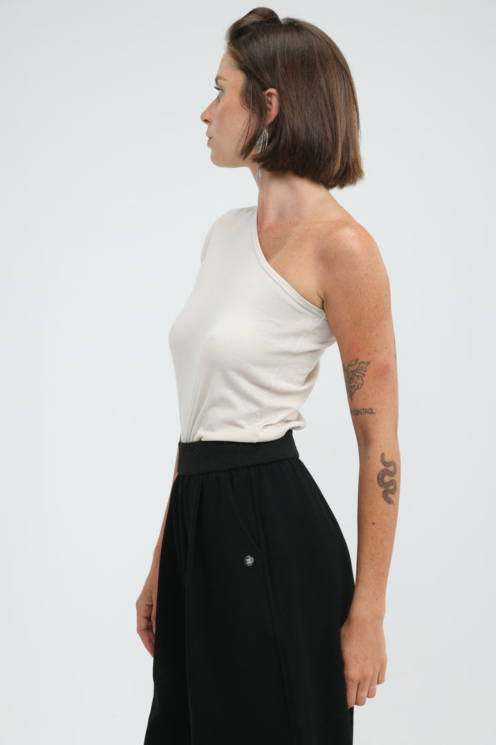 Attached Beige One Shoulder T-Shirt