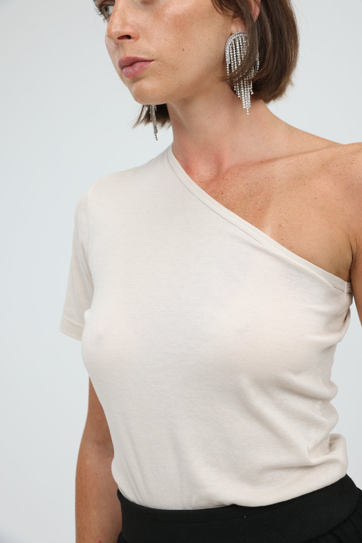 Attached Beige One Shoulder T-Shirt