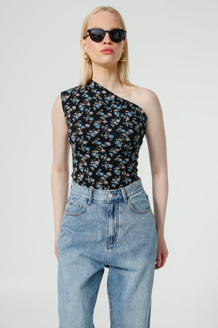 Joy Black Floral One Shoulder Top