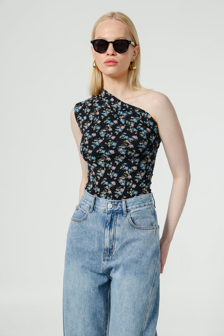 Joy Black Floral One Shoulder Top