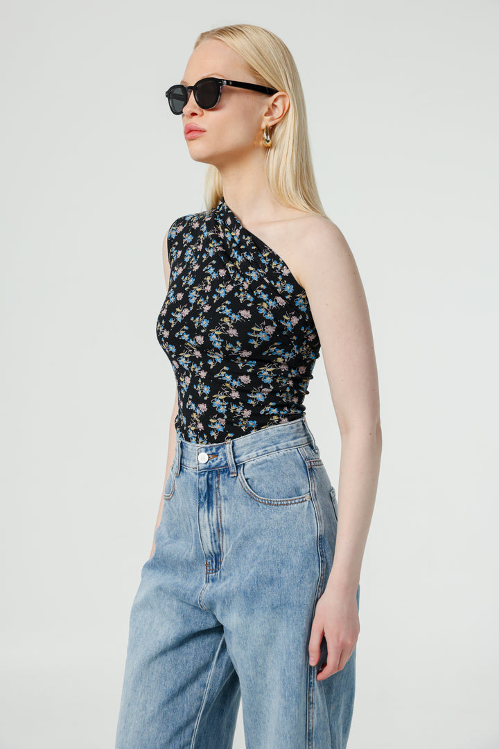 Joy Black Floral One Shoulder Top