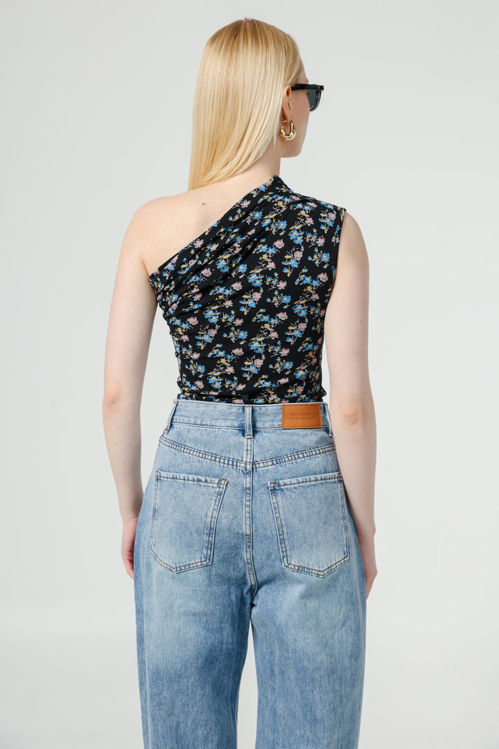 Joy Black Floral One Shoulder Top