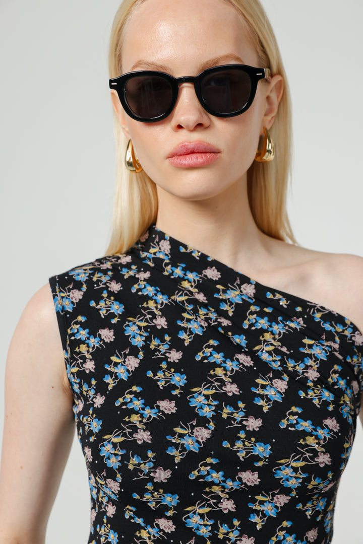 Joy Black Floral One Shoulder Top