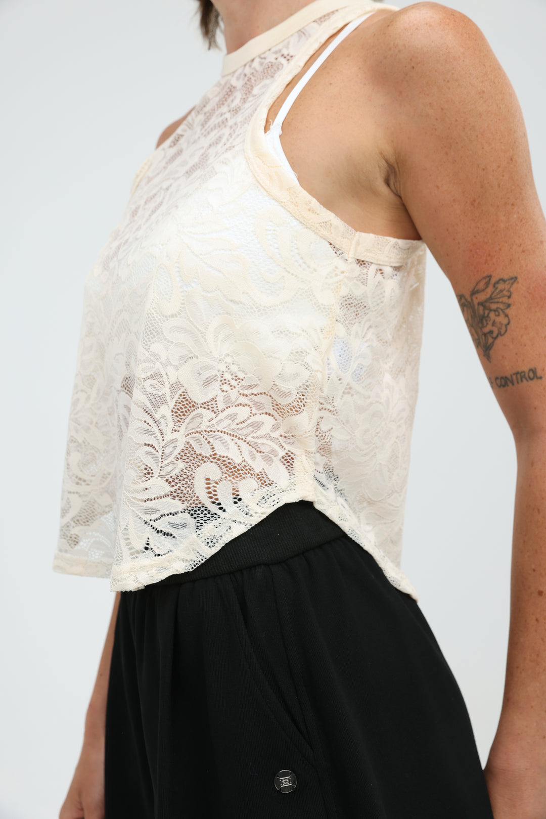 High Neck Cream Lace Tank