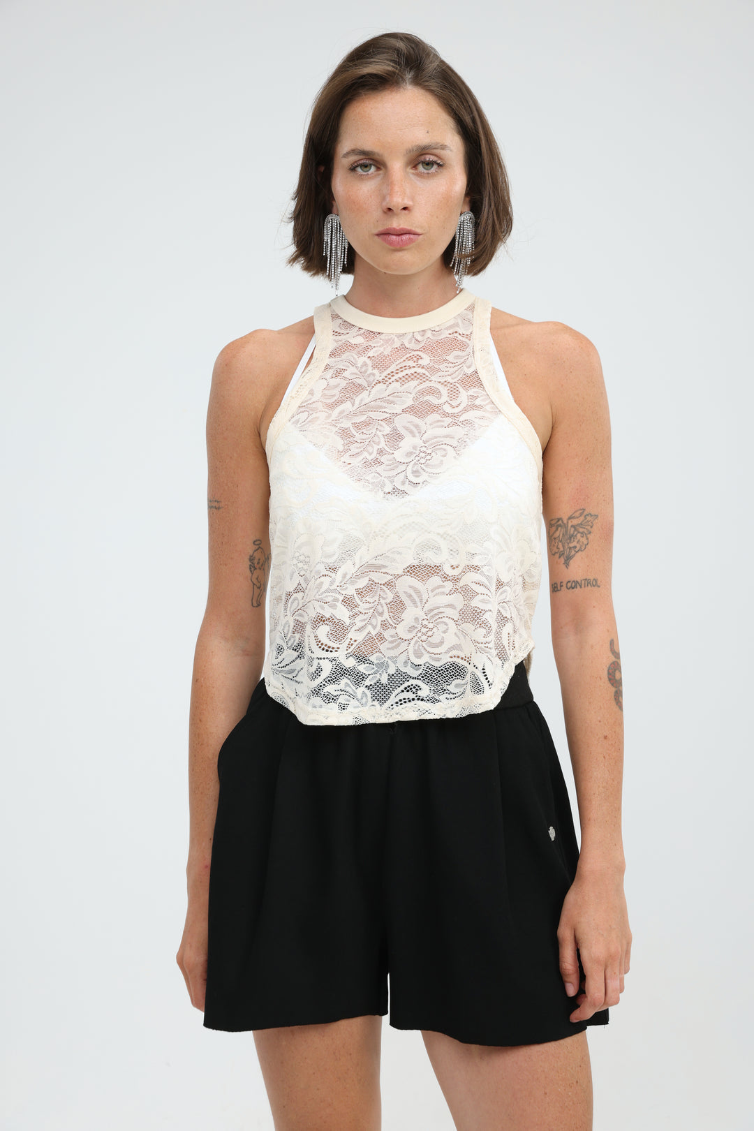 High Neck Cream Lace Tank
