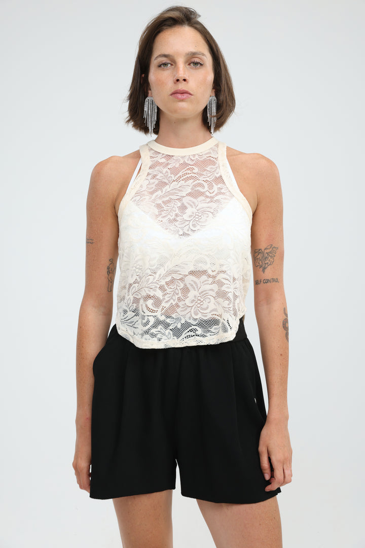 High Neck Cream Lace Tank