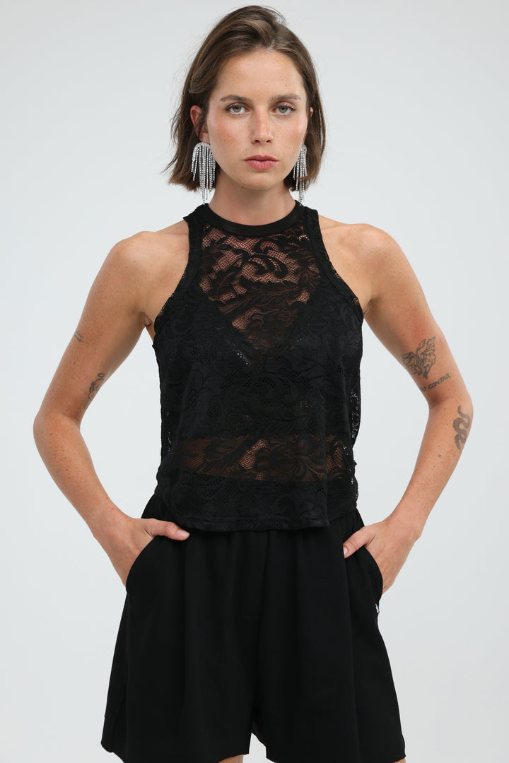 High Neck Black Lace Tank