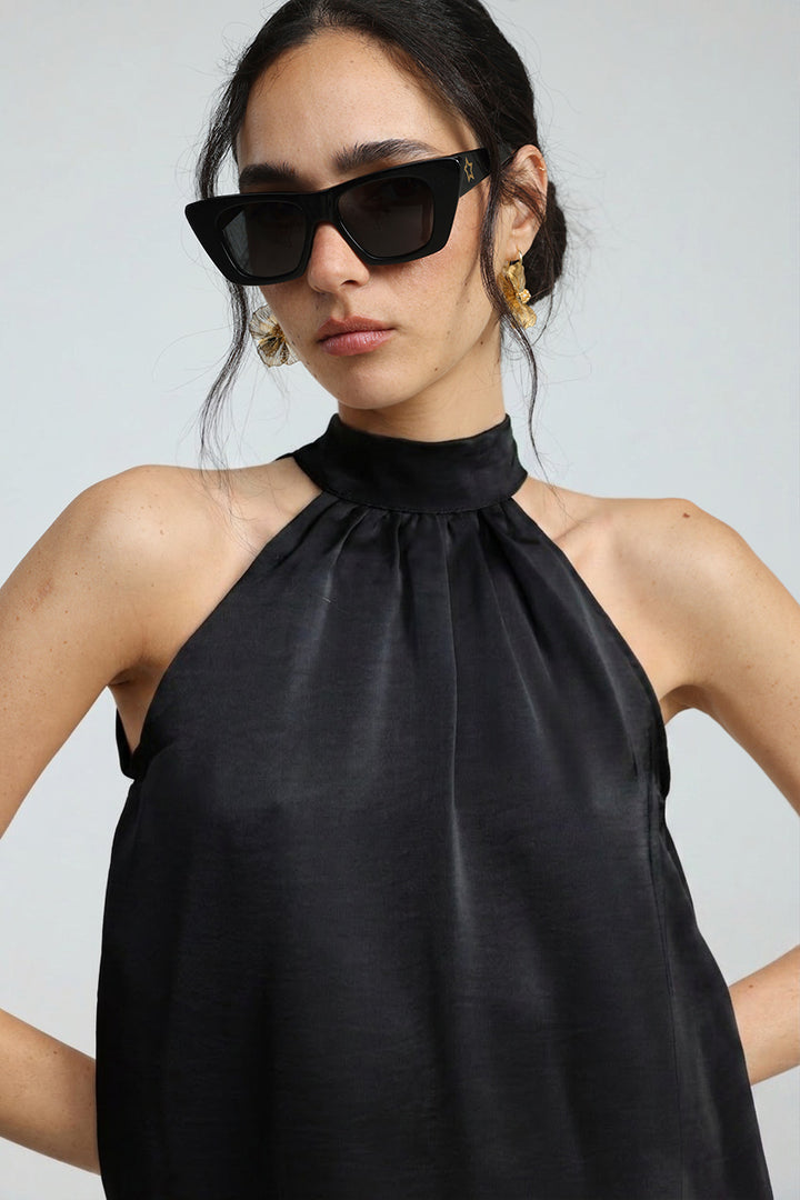 Satin Black Halter Top