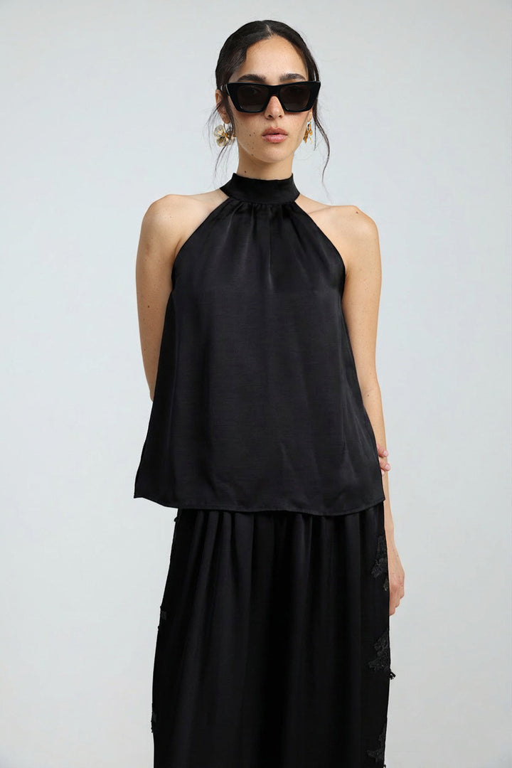 Satin Black Halter Top