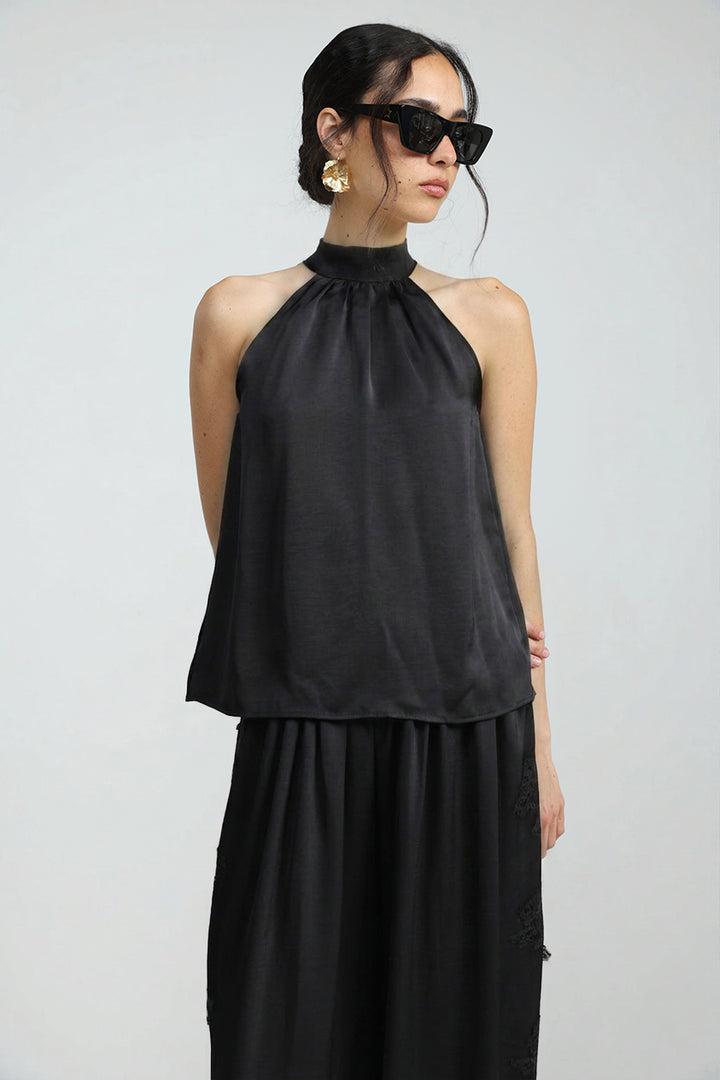 Satin Black Halter Top
