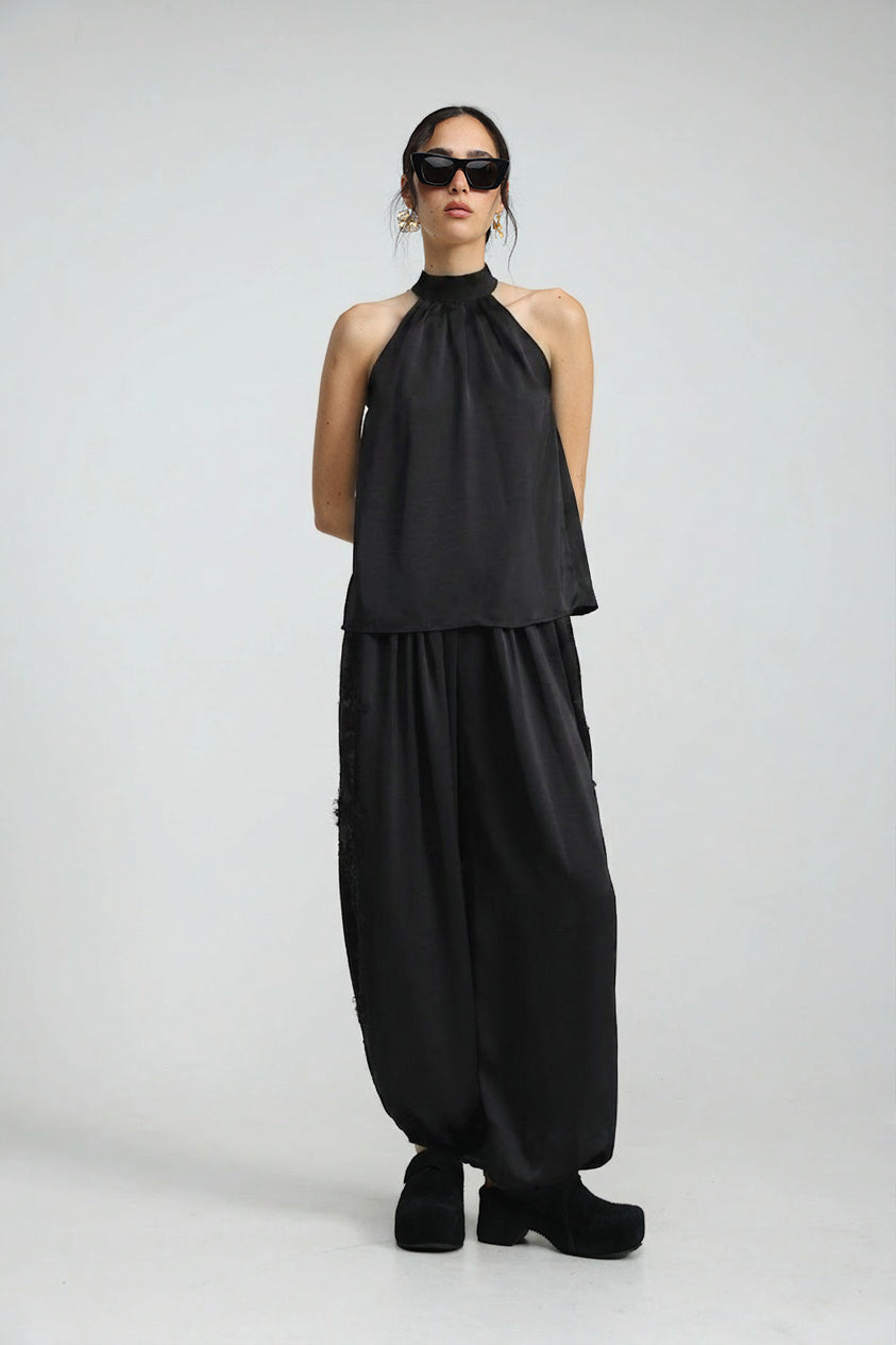 Satin Black Halter Top