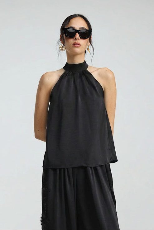 Satin Black Halter Top