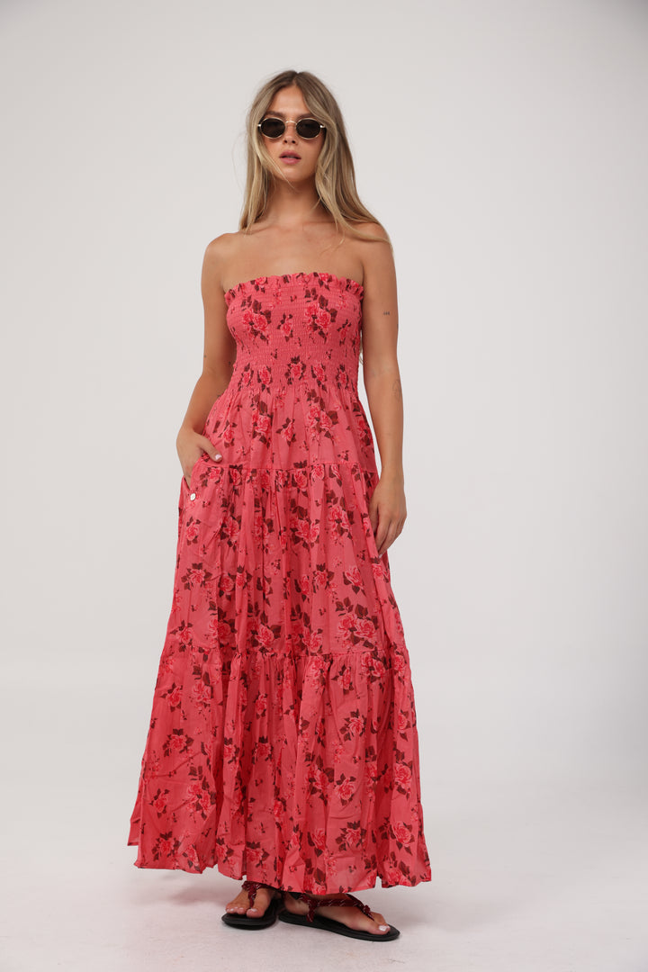 Centara Coral Floral Strapless Dress