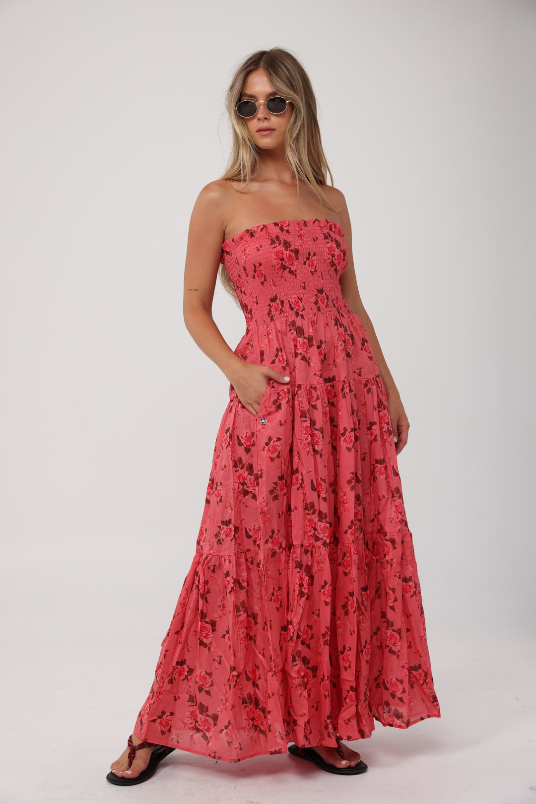 Centara Coral Floral Strapless Dress