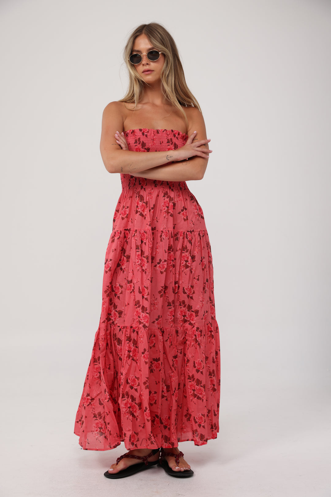 Centara Coral Floral Strapless Dress