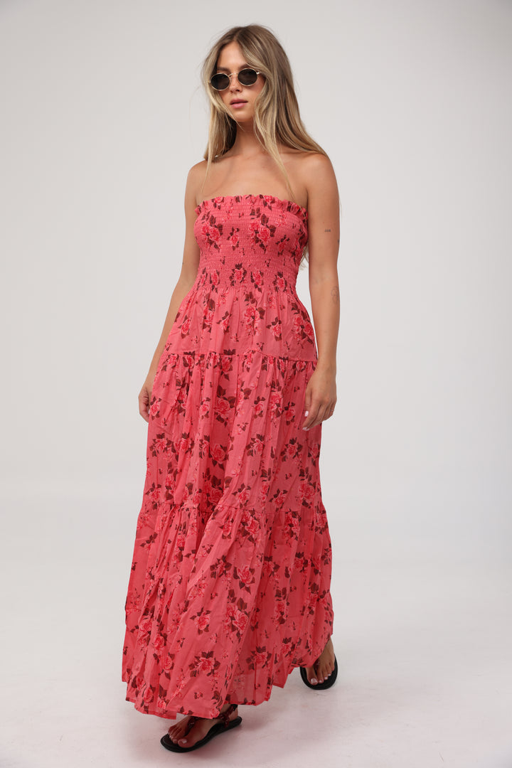Centara Coral Floral Strapless Dress