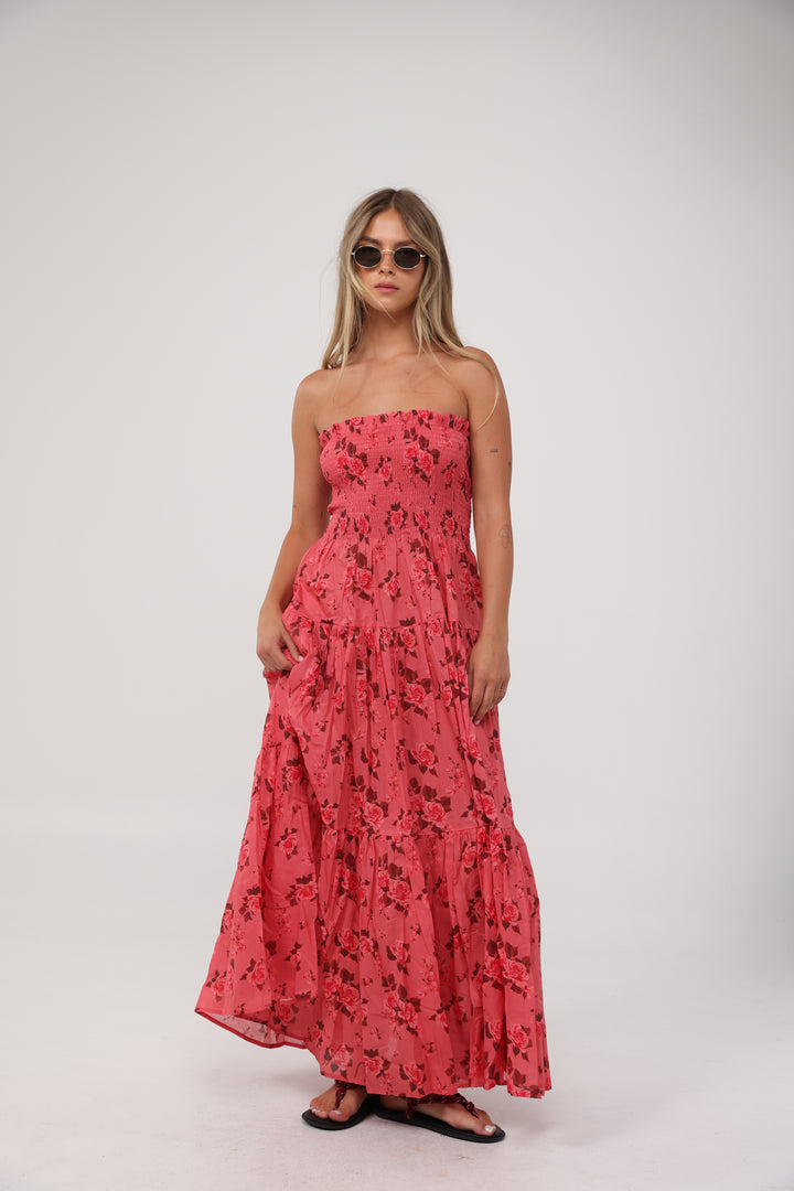 Centara Coral Floral Strapless Dress