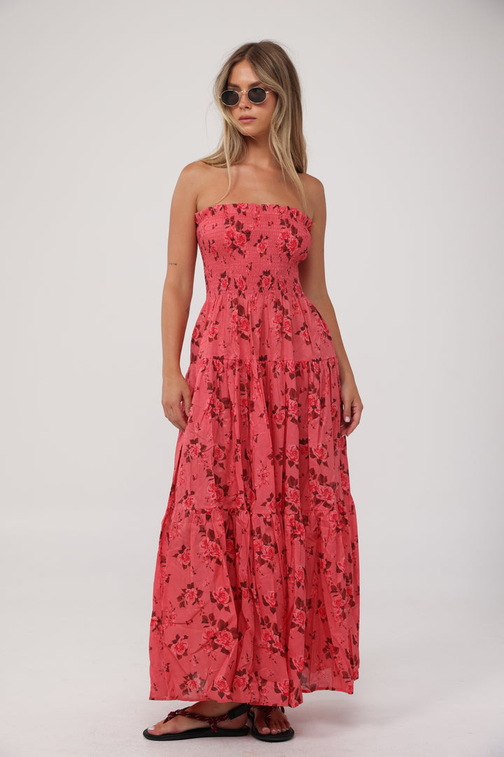 Centara Coral Floral Strapless Dress