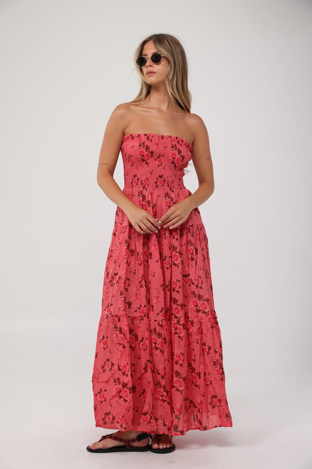 Centara Coral Floral Strapless Dress