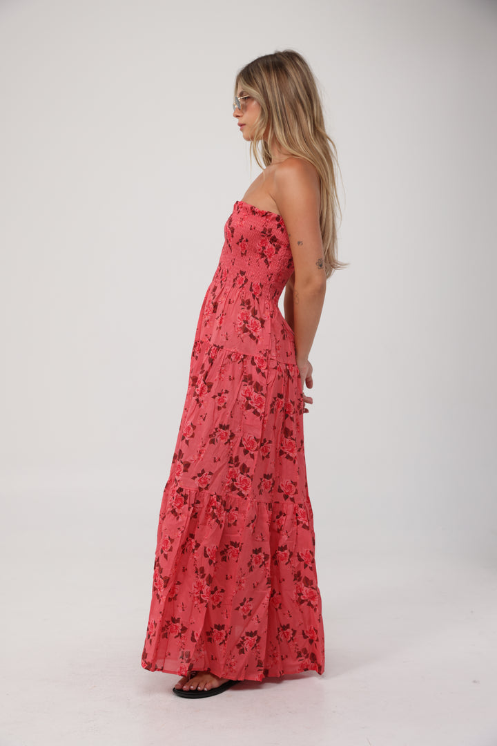 Centara Coral Floral Strapless Dress