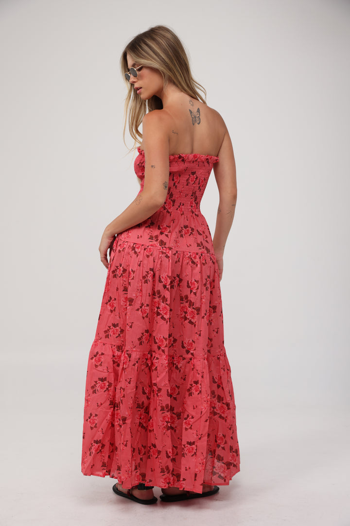 Centara Coral Floral Strapless Dress