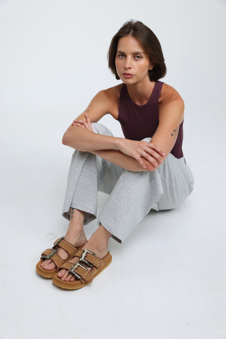 Engraved Buckle Camel Sandals