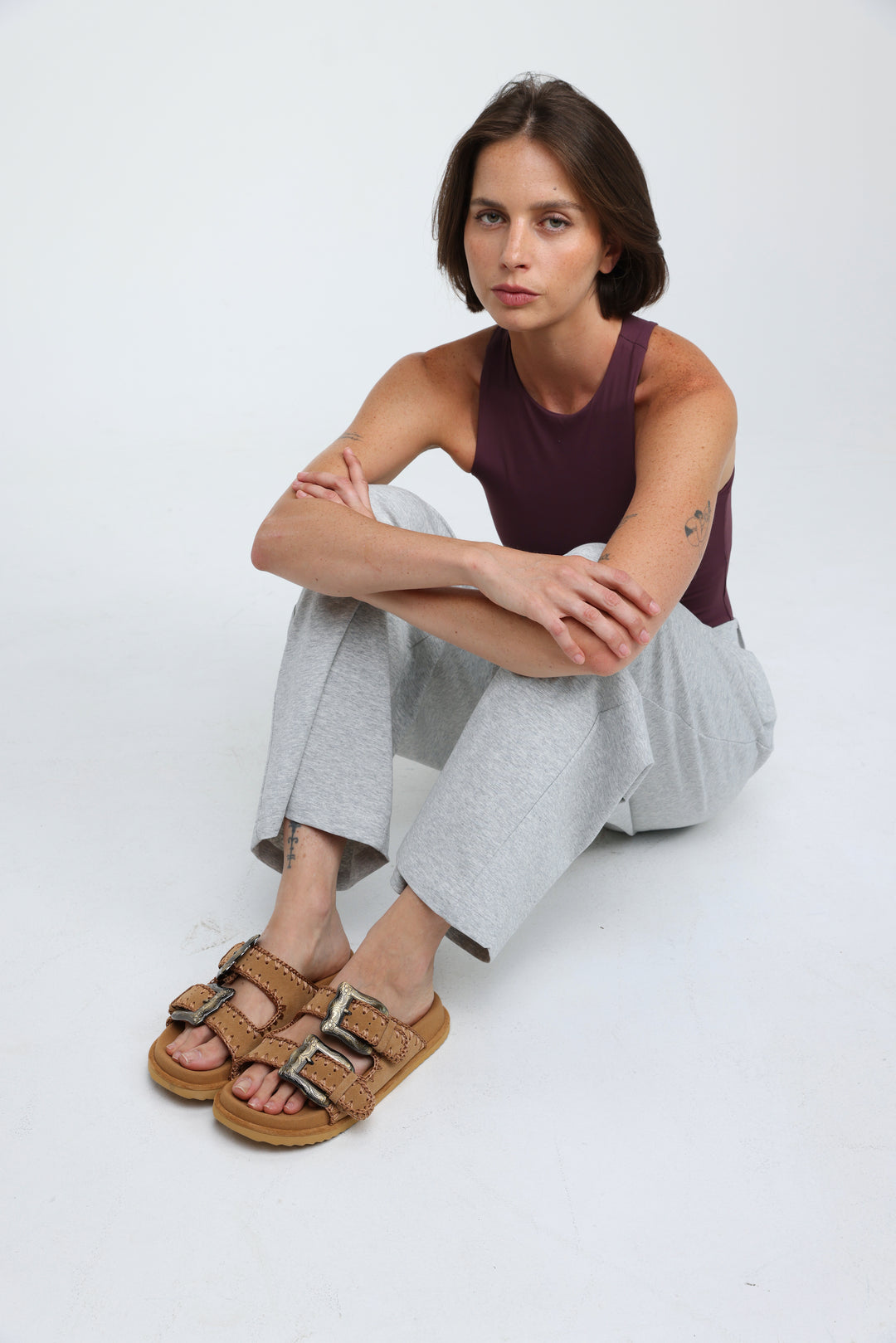 Engraved Buckle Camel Sandals