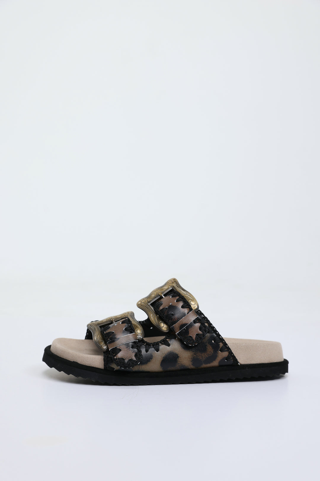 Engraved Buckle Leopard Sandals