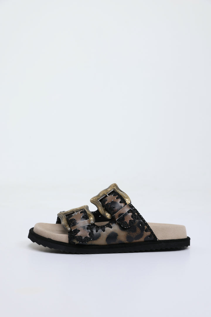 Engraved Buckle Leopard Sandals