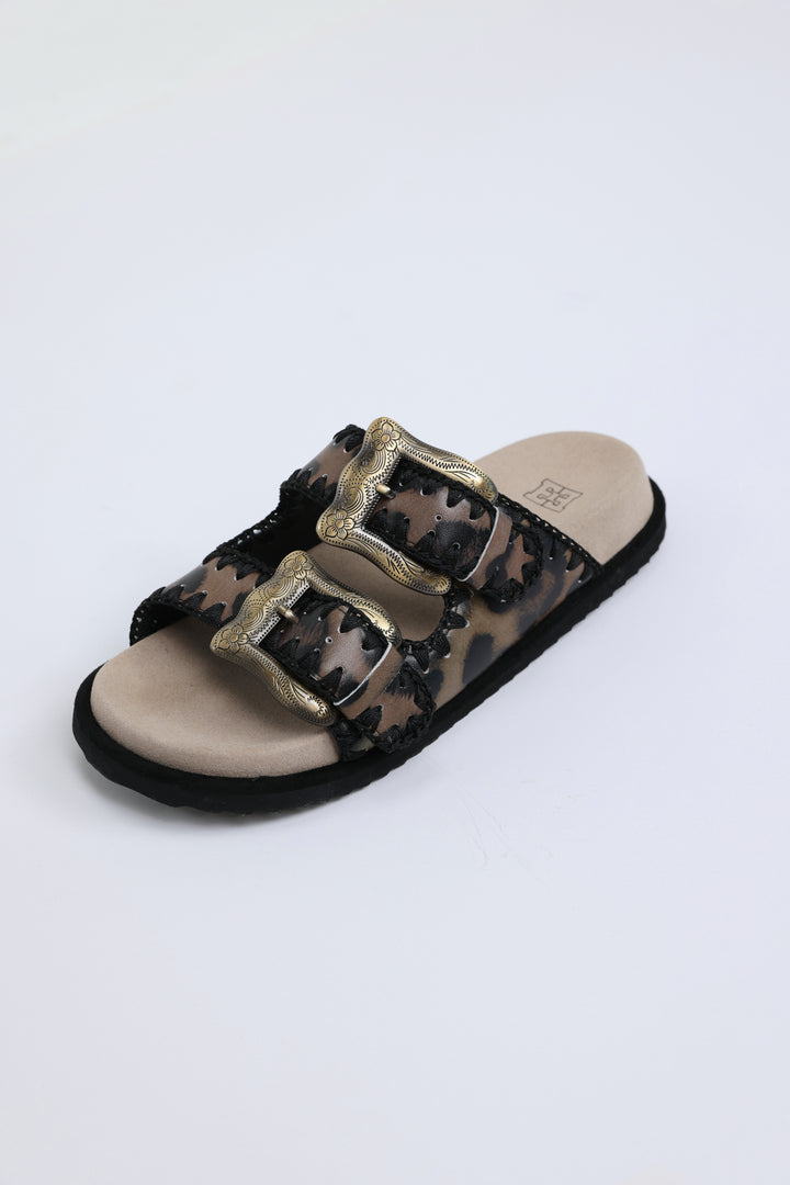 Engraved Buckle Leopard Sandals