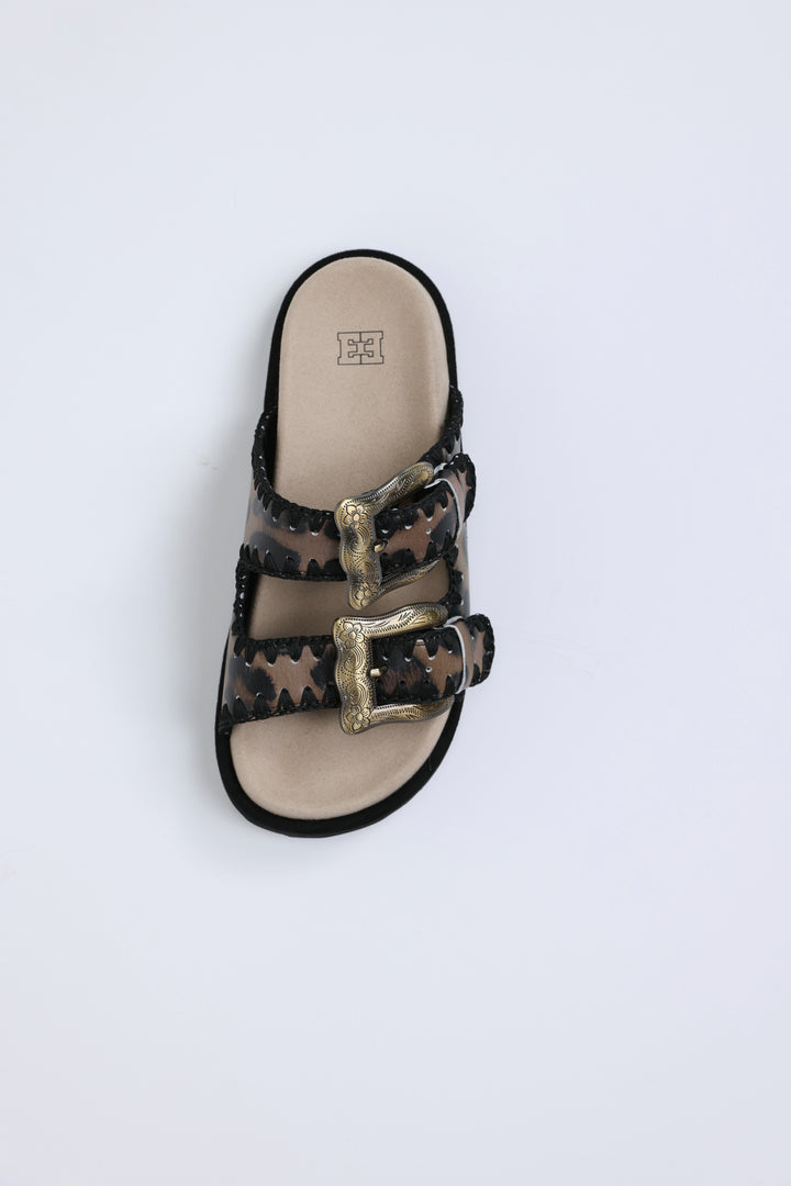 Engraved Buckle Leopard Sandals
