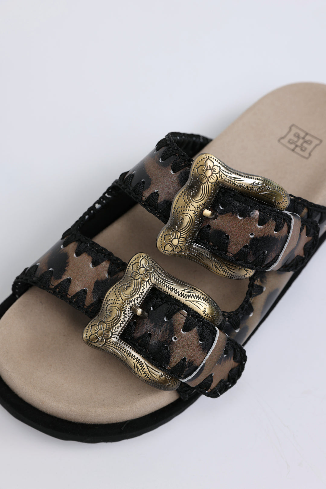 Engraved Buckle Leopard Sandals